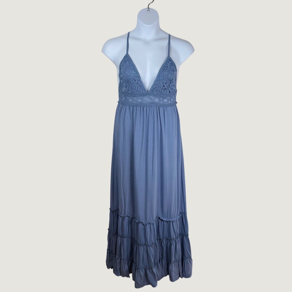 rue21 XL Blue Crochet Lace V-Neck Maxi Dress Tiered Cross Back Tie Festival Boho